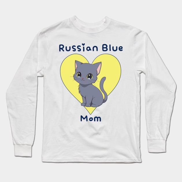 Russian Blue Mom Cat with Yellow Heart Long Sleeve T-Shirt by Underground Cargo